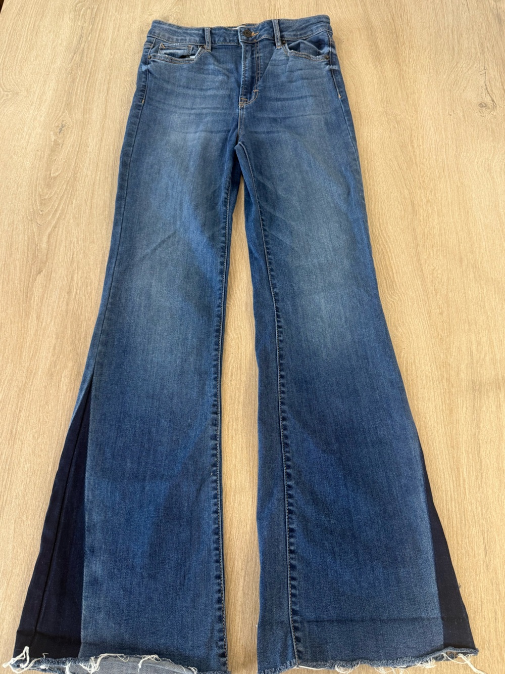 Hidden Denim Navy Blue Stripe Flare Jeans Raw Hem Dark Wash 29 Wide Leg Jean
